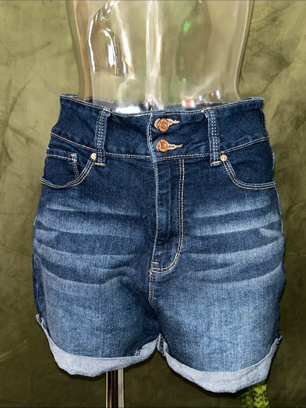 YMI Dark Blue Double-Button Rolled Hem Denim Shorts